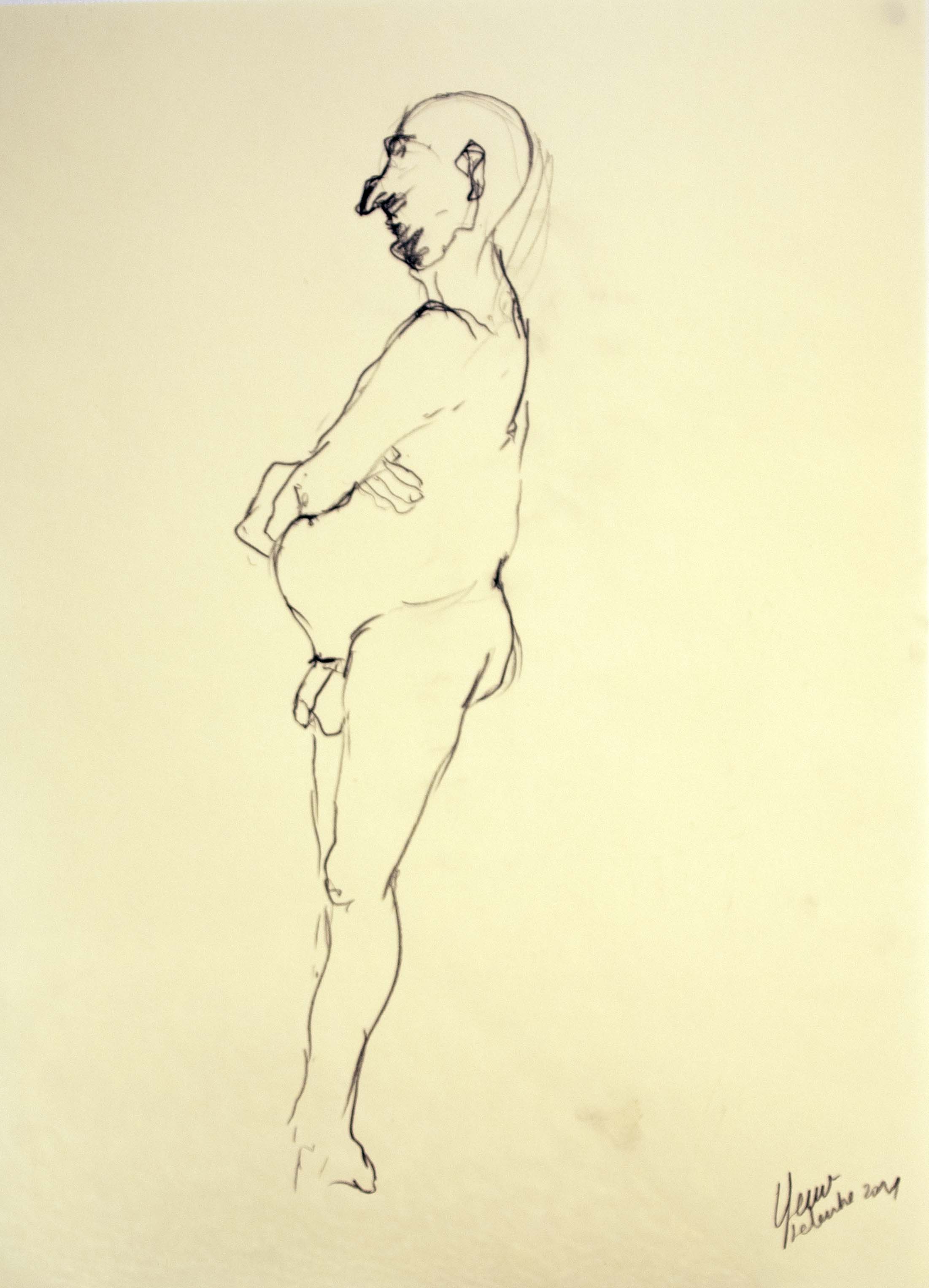 Home dempeus mirant esquerra — Grafit i oli de llinosa sobre paper